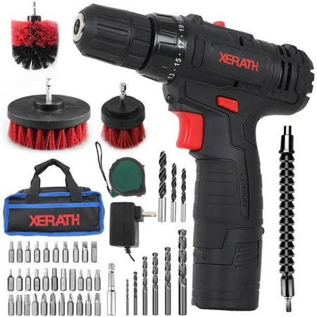 400 In-lb Torque Cordless Drill Driver Kit 3/8 Keyless Chuck 18+1 Clutch Built-in LED Drilling Wall Brick Wood Metal Variable Speed 21V Impact Drill Set w/1 Lithium-Ion Battery & Charger 